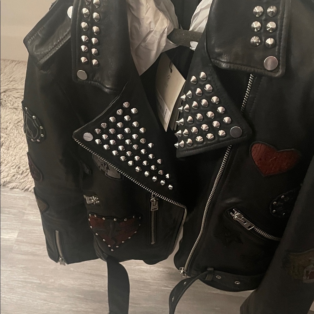 All Saints College studded Black Leather Jacket S - Picture 2 of 5